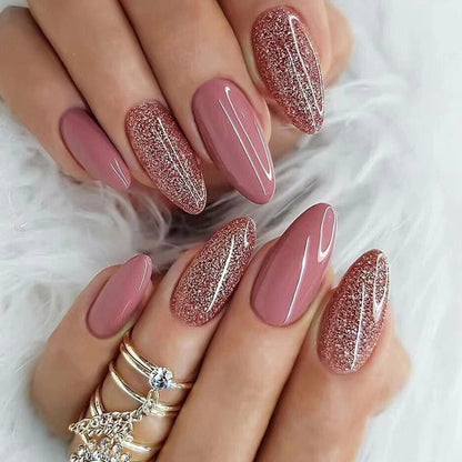 24Pcs Oval Head False Nails Pink Almond Artificial Fake Nails With Glue Full Cover Nail Tips Press On Nails DIY Manicure Tools
