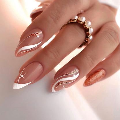 24Pcs Oval Head False Nails Pink Almond Artificial Fake Nails With Glue Full Cover Nail Tips Press On Nails DIY Manicure Tools