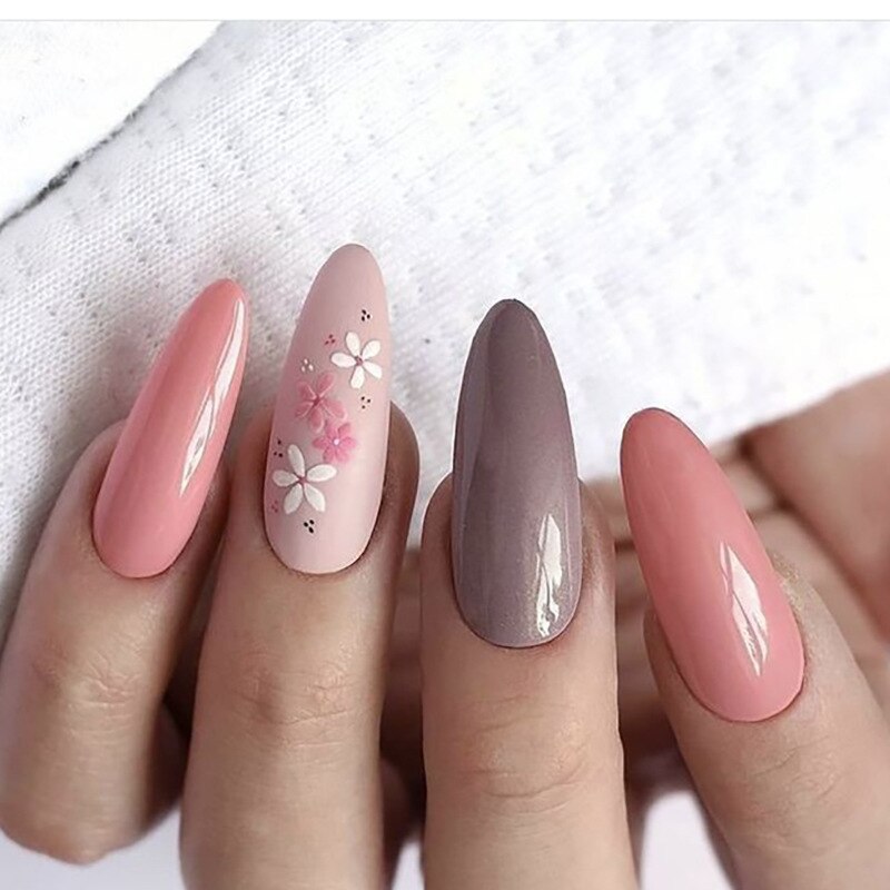 24Pcs Pink Almond False Nails Shiny Golden Ripples Stiletto Fake Nails Detachable Oval Full Cover Press on Nails Tips Manicure