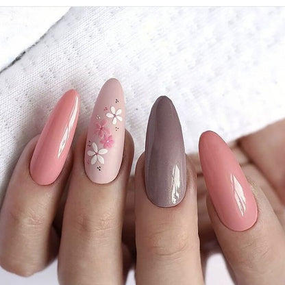 24Pcs Pink Almond False Nails Shiny Golden Ripples Stiletto Fake Nails Detachable Oval Full Cover Press on Nails Tips Manicure