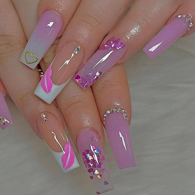 24Pcs Pink French False Nails French with Rhinestone Acrylic Fake Nail Tips Detachable Coffin Press on Nails Full Cover Manicure