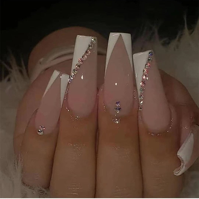 24Pcs Pink French False Nails French with Rhinestone Acrylic Fake Nail Tips Detachable Coffin Press on Nails Full Cover Manicure