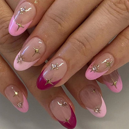 24Pcs Pink Round Head Almond Fake Nails with Heart Shape Rhinestone Wearable Ballerina False Nail Tips Full Cover Press on Nail