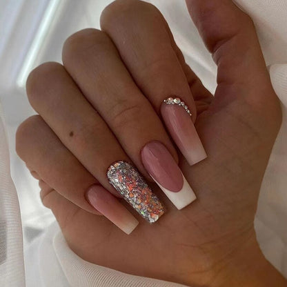 24Pcs Press On Nails Wearable Fake Nails Pink Gradient Glitter Butterfly Rhinestones False Nail Full Cover Acrylic Nail Tips