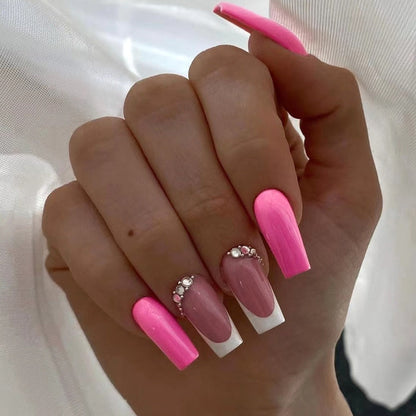 24Pcs Press On Nails Wearable Fake Nails Pink Gradient Glitter Butterfly Rhinestones False Nail Full Cover Acrylic Nail Tips