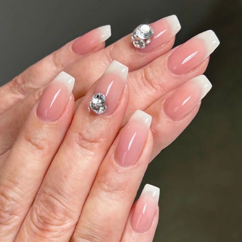 24Pcs Press On Nails Wearable Fake Nails Pink Gradient Glitter Butterfly Rhinestones False Nail Full Cover Acrylic Nail Tips