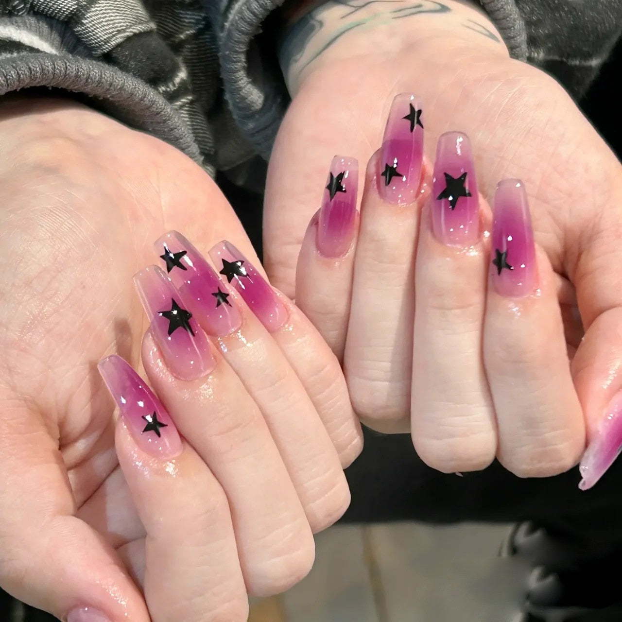 24Pcs Purple Y2K Press on Nails Star Diamond Designs Full Cover Fake Nails Long Coffin Acrylic False Nails for Women 2024 New