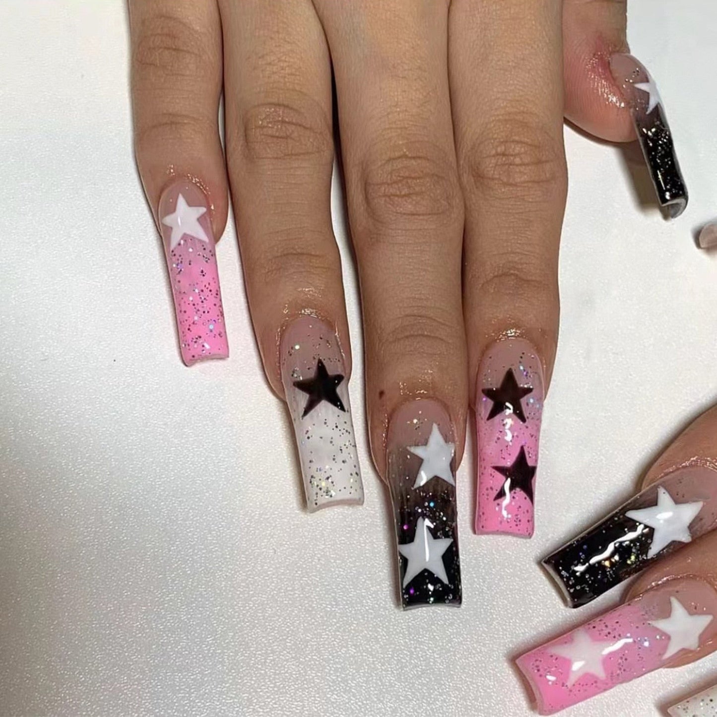 24Pcs Purple Y2K Press on Nails Star Diamond Designs Full Cover Fake Nails Long Coffin Acrylic False Nails for Women 2024 New