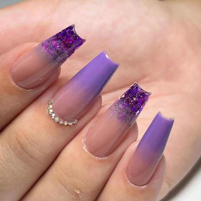 24Pcs Purple Y2K Press on Nails Star Diamond Designs Full Cover Fake Nails Long Coffin Acrylic False Nails for Women 2024 New