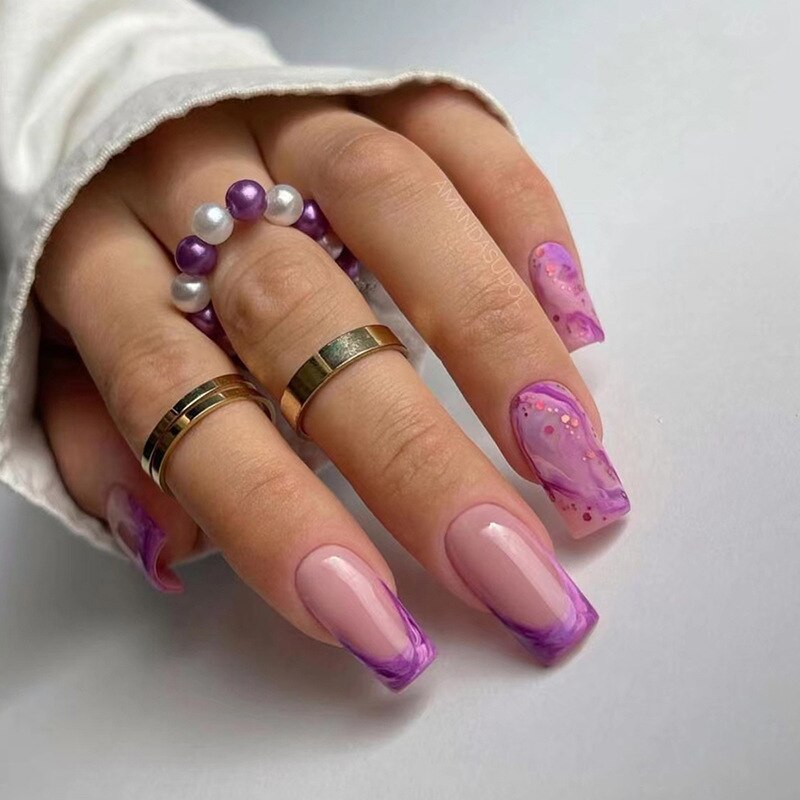 24Pcs Purple Y2K Press on Nails Star Diamond Designs Full Cover Fake Nails Long Coffin Acrylic False Nails for Women 2024 New