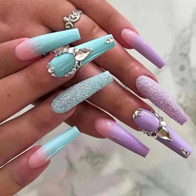 24Pcs Purple Y2K Press on Nails Star Diamond Designs Full Cover Fake Nails Long Coffin Acrylic False Nails for Women 2024 New