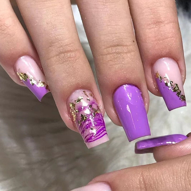 24Pcs Purple Y2K Press on Nails Star Diamond Designs Full Cover Fake Nails Long Coffin Acrylic False Nails for Women 2024 New