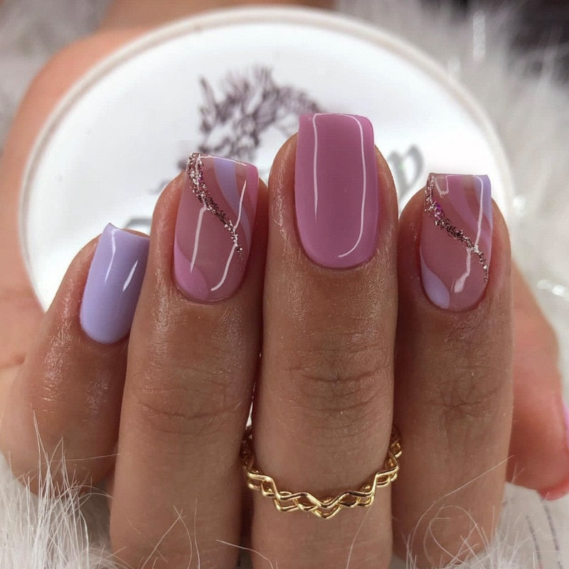 24Pcs Purple Y2K Press on Nails Star Diamond Designs Full Cover Fake Nails Long Coffin Acrylic False Nails for Women 2024 New