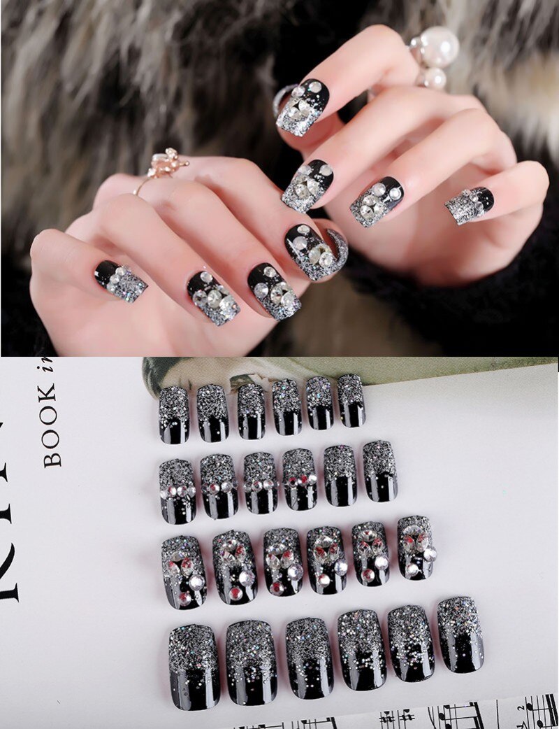 24Pcs/Set Fake Nails Press on Girls Finger Beauty False Nail Art Tips Bright Shining 3D Diamond Full Cover French Nail Art Tips