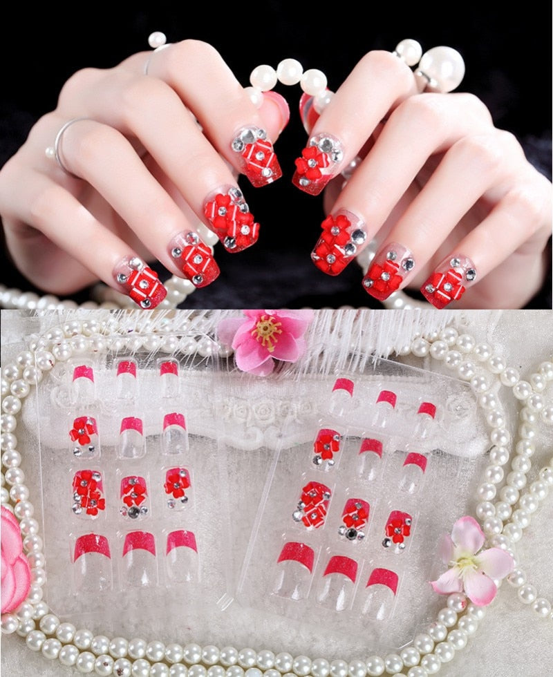 24Pcs/Set Fake Nails Press on Girls Finger Beauty False Nail Art Tips Bright Shining 3D Diamond Full Cover French Nail Art Tips