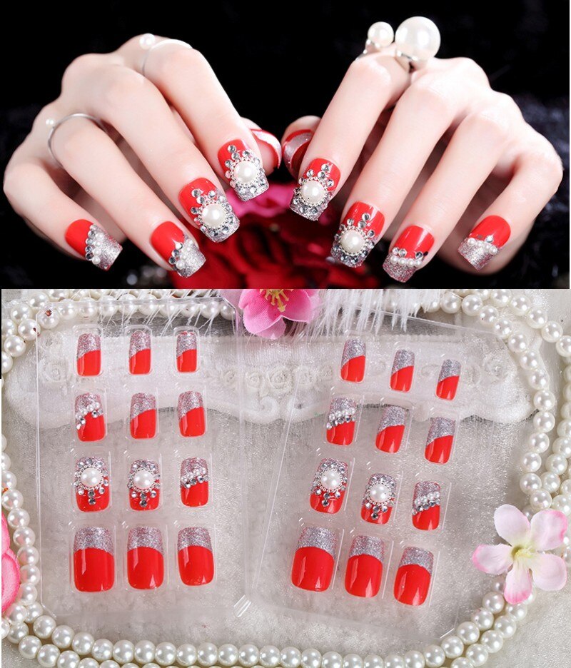 24Pcs/Set Fake Nails Press on Girls Finger Beauty False Nail Art Tips Bright Shining 3D Diamond Full Cover French Nail Art Tips