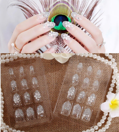 24Pcs/Set Fake Nails Press on Girls Finger Beauty False Nail Art Tips Bright Shining 3D Diamond Full Cover French Nail Art Tips
