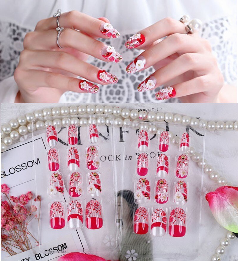 24Pcs/Set Fake Nails Press on Girls Finger Beauty False Nail Art Tips Bright Shining 3D Diamond Full Cover French Nail Art Tips