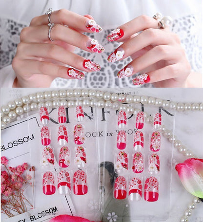 24Pcs/Set Fake Nails Press on Girls Finger Beauty False Nail Art Tips Bright Shining 3D Diamond Full Cover French Nail Art Tips