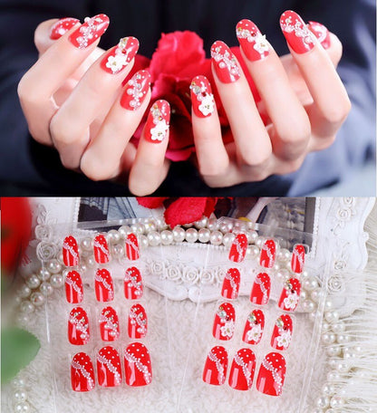 24Pcs/Set Fake Nails Press on Girls Finger Beauty False Nail Art Tips Bright Shining 3D Diamond Full Cover French Nail Art Tips