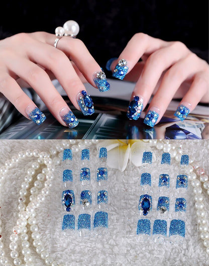 24Pcs/Set Fake Nails Press on Girls Finger Beauty False Nail Art Tips Bright Shining 3D Diamond Full Cover French Nail Art Tips