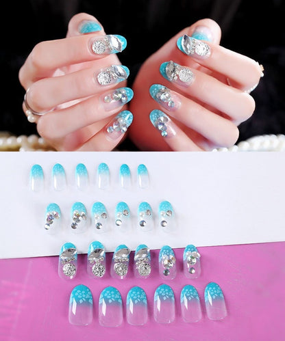 24Pcs/Set Fake Nails Press on Girls Finger Beauty False Nail Art Tips Bright Shining 3D Diamond Full Cover French Nail Art Tips