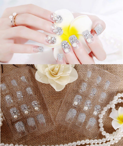 24Pcs/Set Fake Nails Press on Girls Finger Beauty False Nail Art Tips Bright Shining 3D Diamond Full Cover French Nail Art Tips