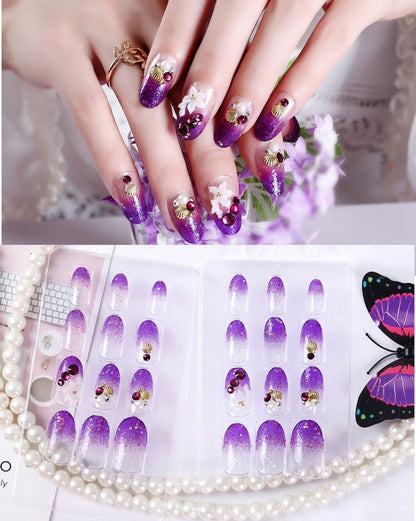 24Pcs/Set Fake Nails Press on Girls Finger Beauty False Nail Art Tips Bright Shining 3D Diamond Full Cover French Nail Art Tips