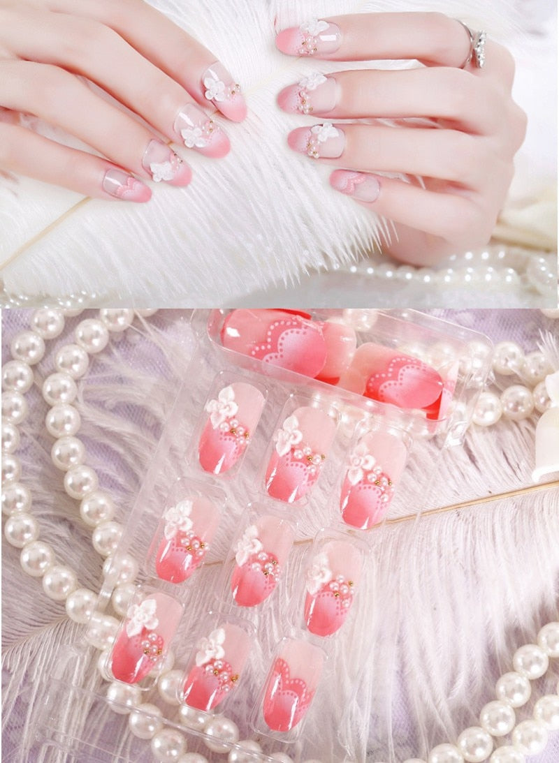 24Pcs/Set Fake Nails Press on Girls Finger Beauty False Nail Art Tips Bright Shining 3D Diamond Full Cover French Nail Art Tips