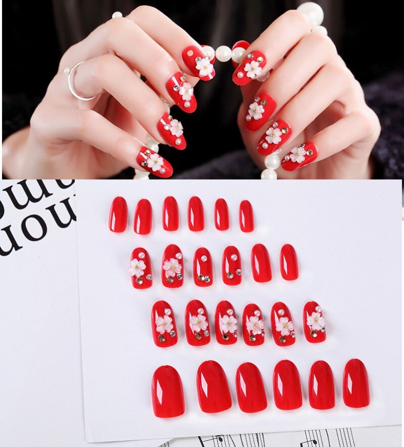 24Pcs/Set Fake Nails Press on Girls Finger Beauty False Nail Art Tips Bright Shining 3D Diamond Full Cover French Nail Art Tips