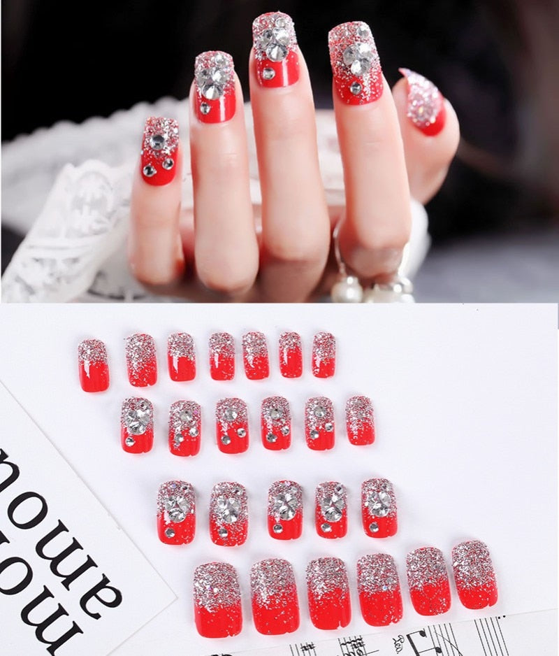24Pcs/Set Fake Nails Press on Girls Finger Beauty False Nail Art Tips Bright Shining 3D Diamond Full Cover French Nail Art Tips