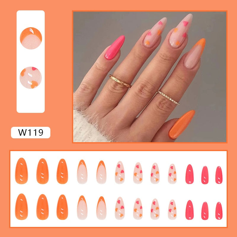 24Pcs/Set Fake Nails With Glue Full Cover Nail Tips Press On Med Nails DIY Manicure Oval Head False Nails Pink Almond Artificial