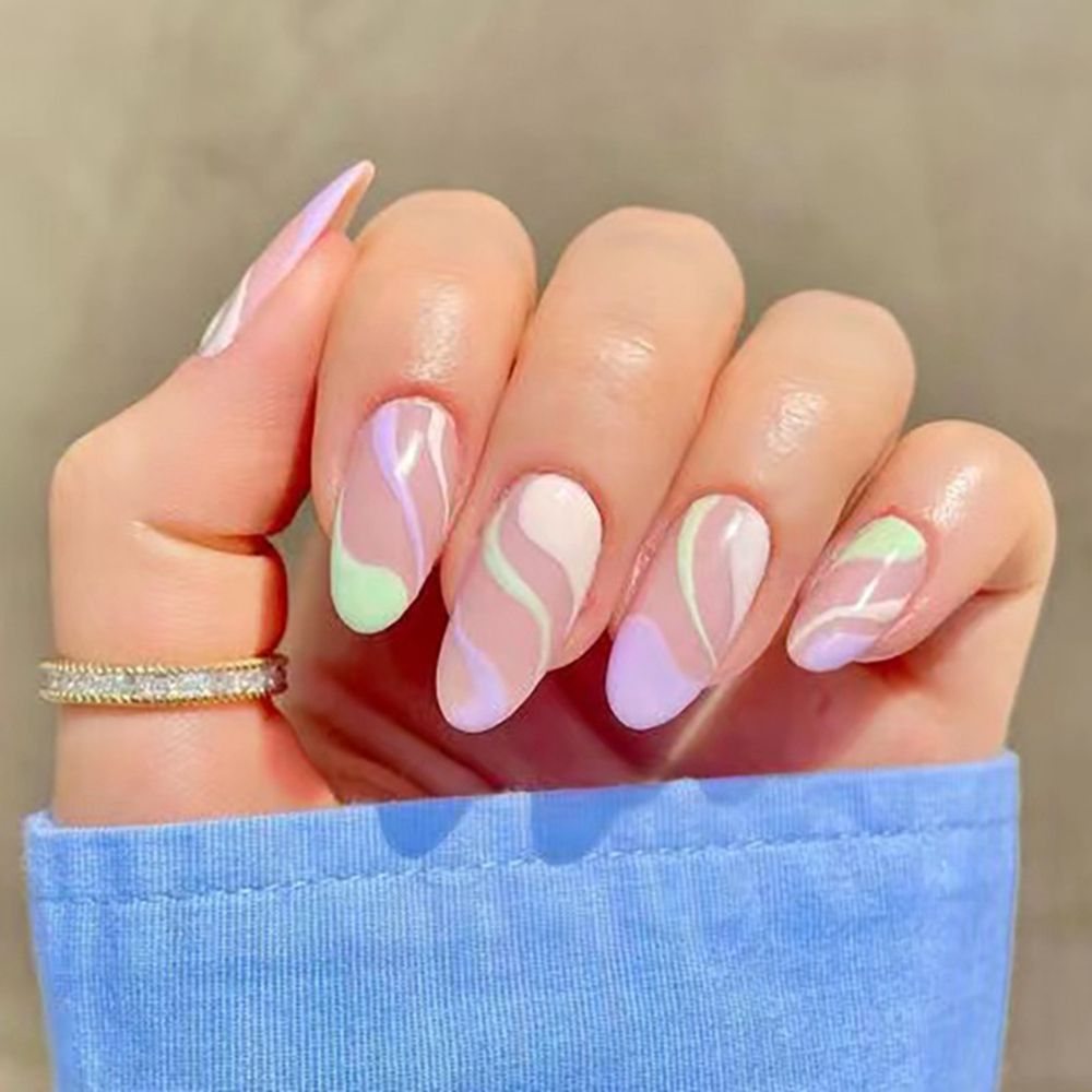 24Pcs/Set Fake Nails With Glue Full Cover Nail Tips Press On Med Nails DIY Manicure Oval Head False Nails Pink Almond Artificial