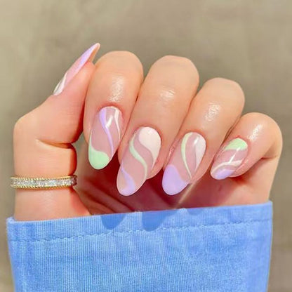 24Pcs/Set Fake Nails With Glue Full Cover Nail Tips Press On Med Nails DIY Manicure Oval Head False Nails Pink Almond Artificial