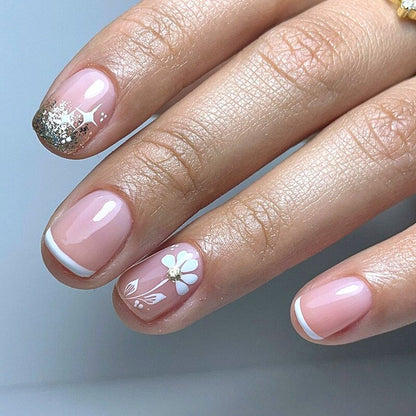 24Pcs Shiny Pearl Wearable False Nails Short Square Fake Nail Simple Summer Press on Nails Detachable Full Cover Nail Tips