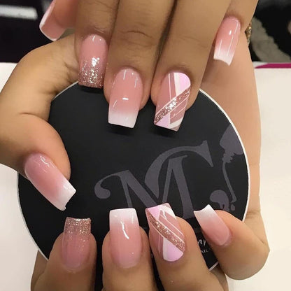 24Pcs Shiny Pearl Wearable False Nails Short Square Fake Nail Simple Summer Press on Nails Detachable Full Cover Nail Tips