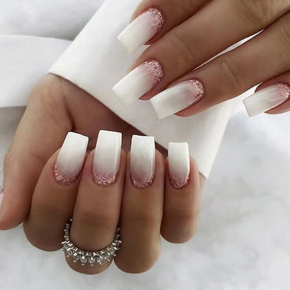 24Pcs Shiny Pearl Wearable False Nails Short Square Fake Nail Simple Summer Press on Nails Detachable Full Cover Nail Tips