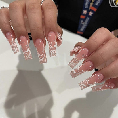24Pcs Shiny Pearl Wearable False Nails Short Square Fake Nail Simple Summer Press on Nails Detachable Full Cover Nail Tips