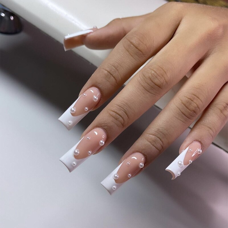 24Pcs Shiny Pearl Wearable False Nails Short Square Fake Nail Simple Summer Press on Nails Detachable Full Cover Nail Tips