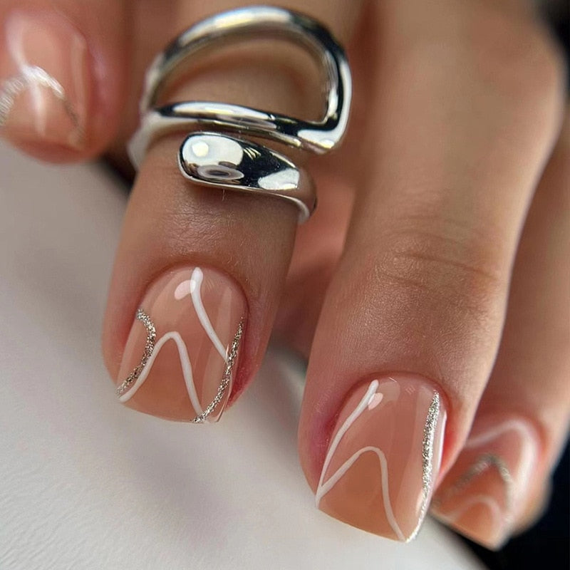 24Pcs Shiny Pearl Wearable False Nails Short Square Fake Nail Simple Summer Press on Nails Detachable Full Cover Nail Tips