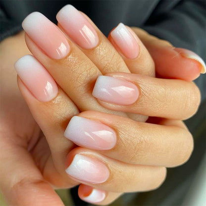 24Pcs Shiny Pearl Wearable False Nails Short Square Fake Nail Simple Summer Press on Nails Detachable Full Cover Nail Tips