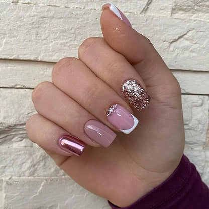 24Pcs Shiny Pearl Wearable False Nails Short Square Fake Nail Simple Summer Press on Nails Detachable Full Cover Nail Tips
