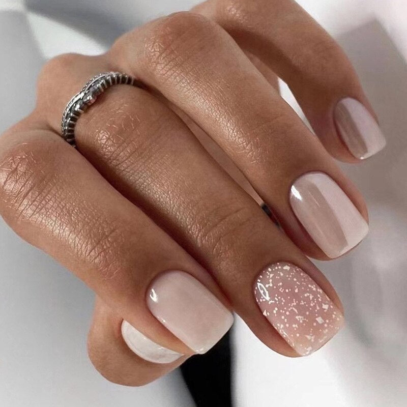 24Pcs Shiny Pearl Wearable False Nails Short Square Fake Nail Simple Summer Press on Nails Detachable Full Cover Nail Tips