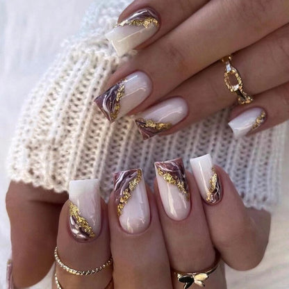 24Pcs Shiny Pearl Wearable False Nails Short Square Fake Nail Simple Summer Press on Nails Detachable Full Cover Nail Tips