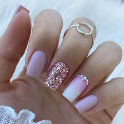 24Pcs Shiny Pearl Wearable False Nails Short Square Fake Nail Simple Summer Press on Nails Detachable Full Cover Nail Tips