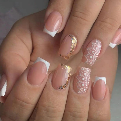 24Pcs Shiny Pearl Wearable False Nails Short Square Fake Nail Simple Summer Press on Nails Detachable Full Cover Nail Tips