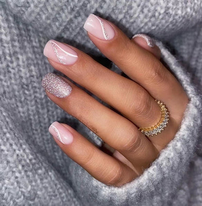 24Pcs Shiny Pearl Wearable False Nails Short Square Fake Nail Simple Summer Press on Nails Detachable Full Cover Nail Tips