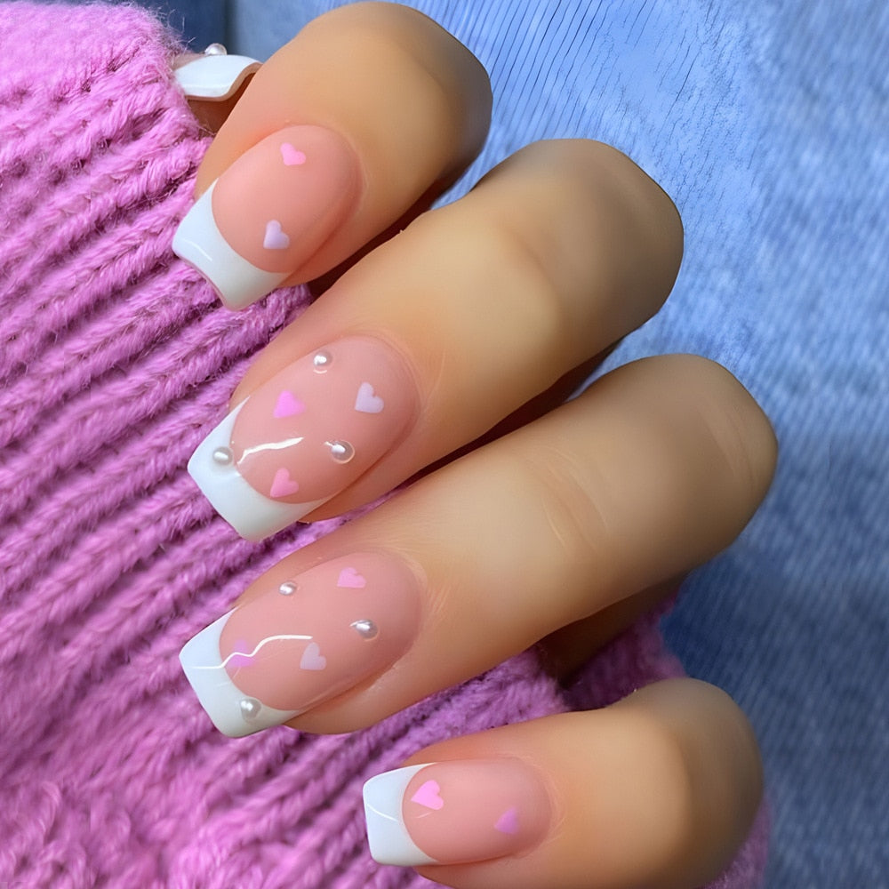 24Pcs Shiny Pearl Wearable False Nails Short Square Fake Nail Simple Summer Press on Nails Detachable Full Cover Nail Tips