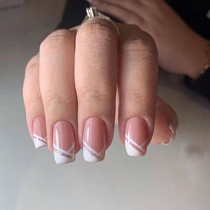 24Pcs Shiny Pearl Wearable False Nails Short Square Fake Nail Simple Summer Press on Nails Detachable Full Cover Nail Tips