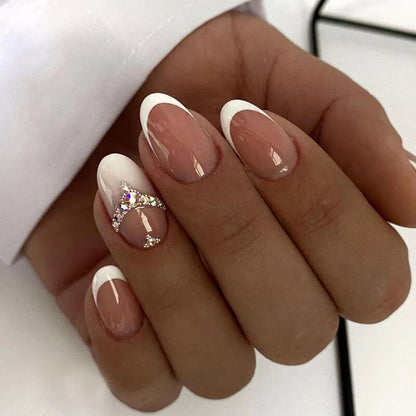 24Pcs Short Almond French False Nails Full Cover Artificial Fake Nails Press on Nails Tips Reusable Adhesive False Nails